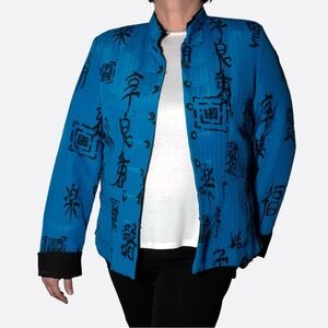 Artisan Calligraphy Peacock Blue Mandarin Quilted Coin Jacket Chinoiserie 1X‎ XL